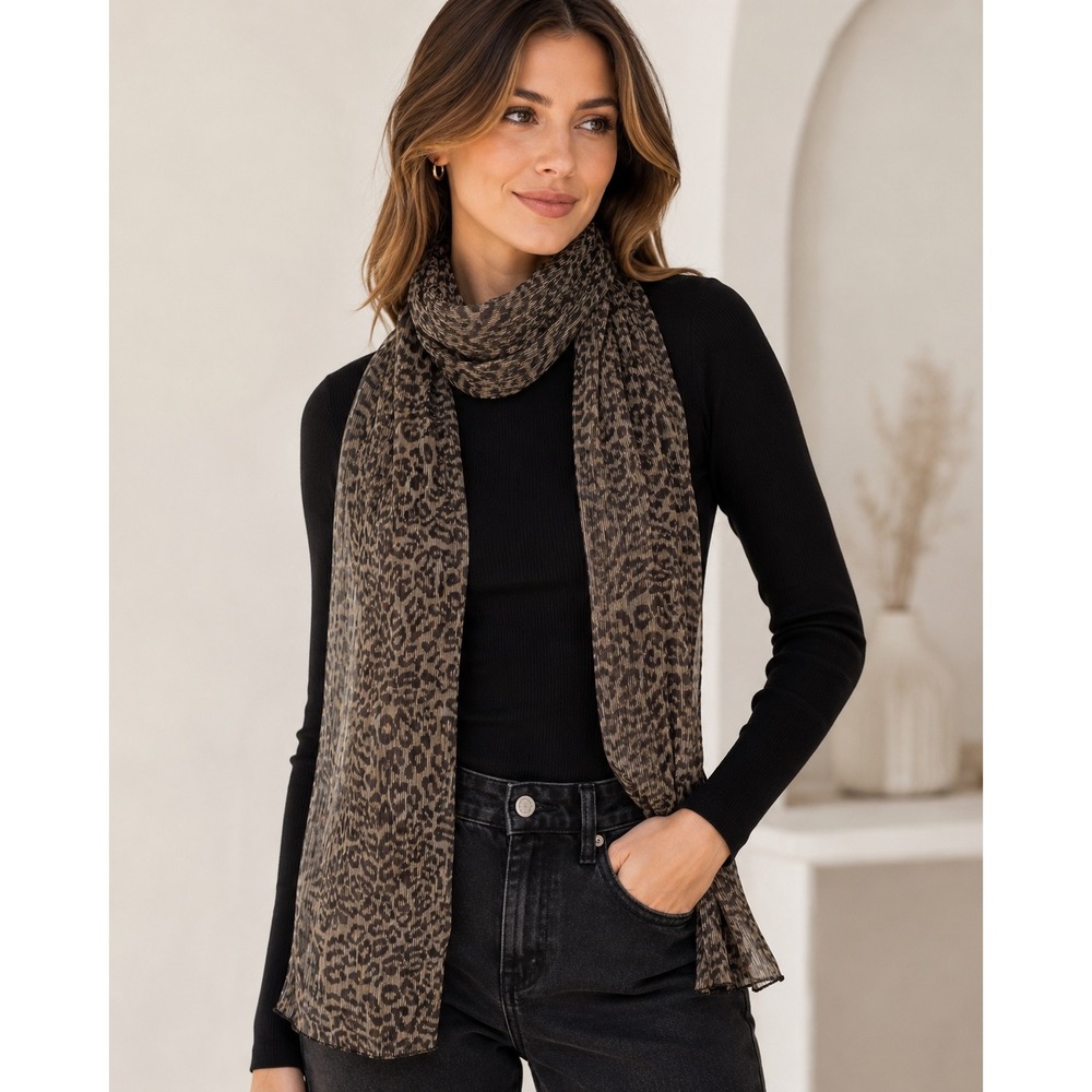 Leopard Print Pleated Sheer Scarf Brown Taupe Lightweight Animal Print